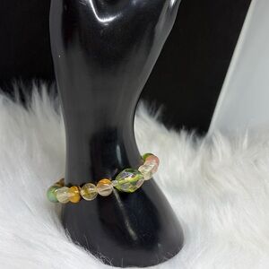 Genuine Watermelon Tourmaline Stretch Bracelet with Vintage Glass Beads